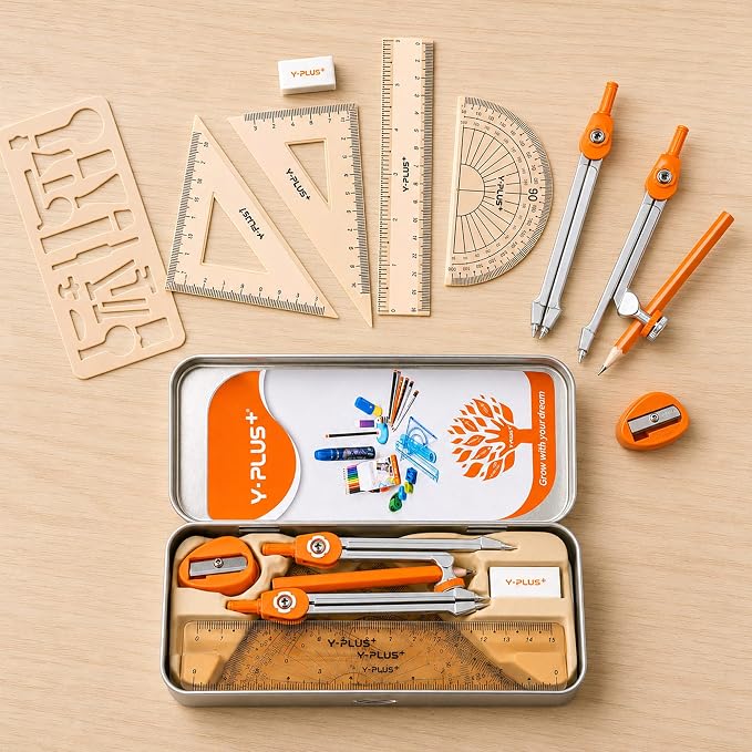 YPLUS Geometry Set, Protractor and Compass Set for Students, 11Pcs | Compass Drawing Tool with Metal Case, Protractor, Formula Card, Rulers, Mechanical Pen, School Supplies for Students