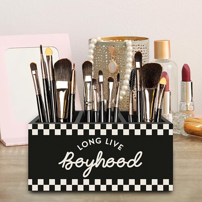 Boy Nursery Decor Pen Pencil Holder Organizer for Desk, Long Live Boyhood Black Checkered Wooden Box Signs Decorations for Kids Toddler Boys Room Bedroom Desk Tabletop, Boys Room Decor