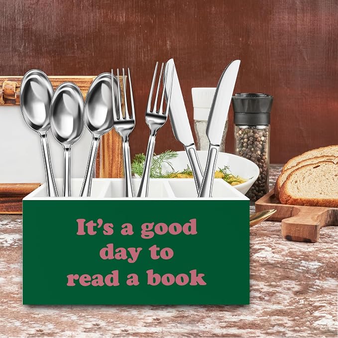 Book Lover Gifts Pen Pencil Holder Organizer for Desk, It's Good Day to Read a Book Bookish Pink and Green Wooden Box Signs Decorations for Reading Room Desk Tabletop, Reader Bookworm Gifts