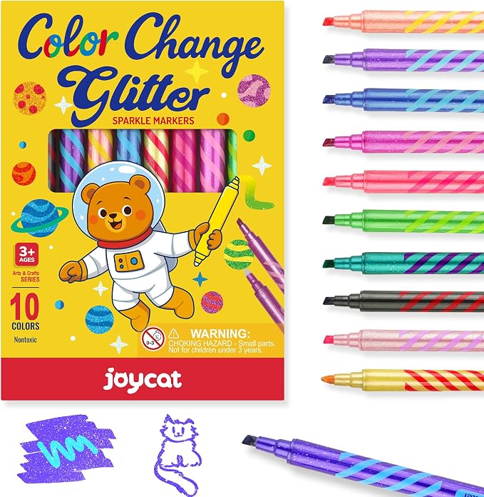 JoyCat 10-Pack Glitter Color Changing Markers for Kids, Dual Tip Magic Pens | Glitter markers use white tips for color-changing effects, art supplies for drawing, coloring, crafts and stationery sets.