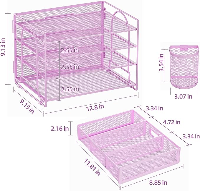 Marbrasse Desk Organizer and Accessories, 4-Tier Paper File Letter Tray Accessories & Workspace Desk Organizers with Drawer and 2 Pen Holders for School Home Office Supplies (Purple) 2Pack