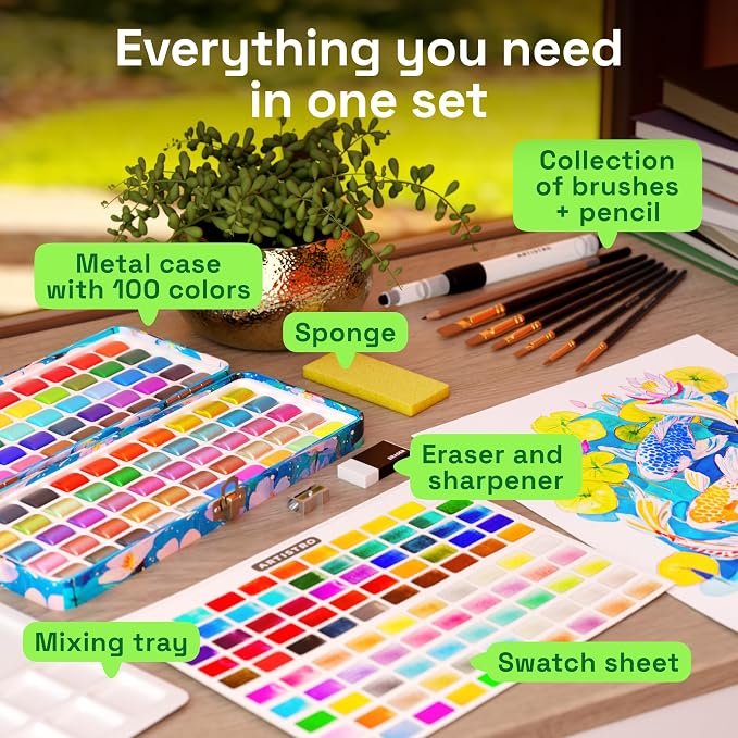 ARTISTRO 100 Color Watercolor Paint Set - Portable Paint Art Kit in Blue Floral Metal Case with Palette and Brush Pens - Travel Water Color Set for Adults, Professionals and Amateurs