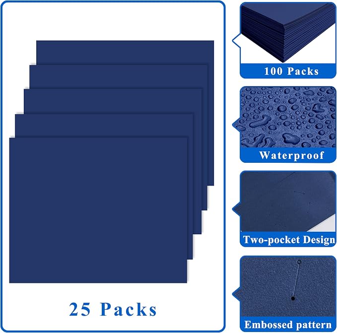 Zzrywuty File folders with Pockets,Navy Blue Two folders for documents,100 Pack Paper Folders with Card Slot,Letter Size,School Students,Business,Home and Office Workers