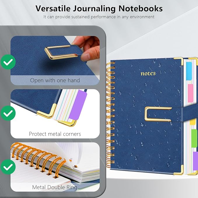 Hardcover Spiral Notebook College Ruled, 8.5"x11" Leather Journal Notebook with Magnetic Closure, 300 Pages 5 Subject Notebook with Dividers Tabs Journal for Women Men, Work, School(Dark Blue)