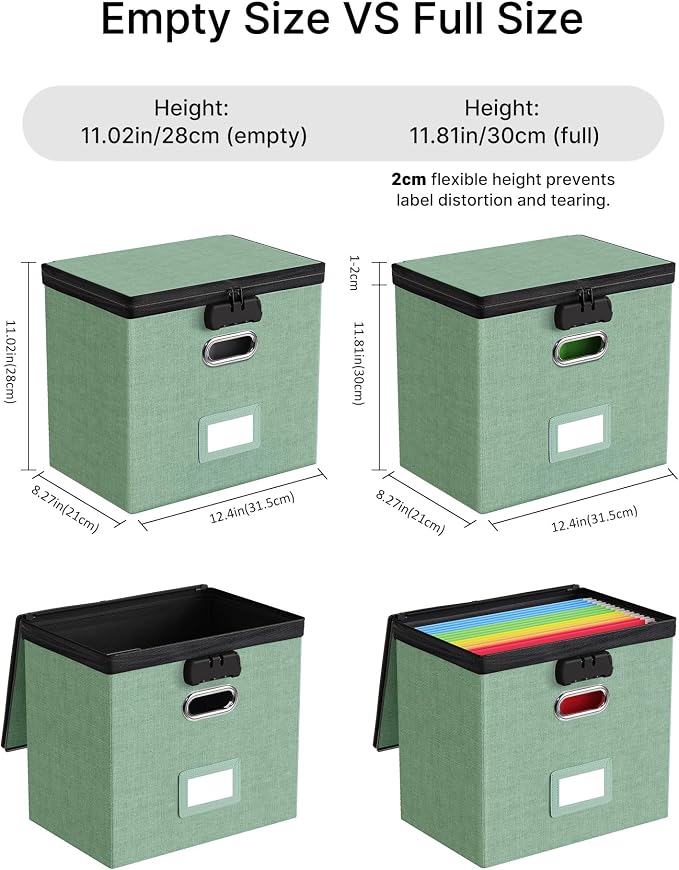 Oterri Lockable File Box Small 2-Pack Hanging Organizer for Letter-Size | Dustproof Lid. 3 Mesh Pockets. Collapsible Scratch-Resistant GRS Linen. Slide Rails. Office, Home, Dorm