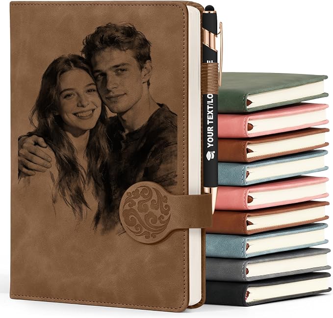 ENOMY Personalized Notebook & 10 PC Pens Set Custom Notebook 200 Pages A5 Leather Journal for Men Women Hardcover Notebooks for Office College Graduation New Year Gifts, Brown