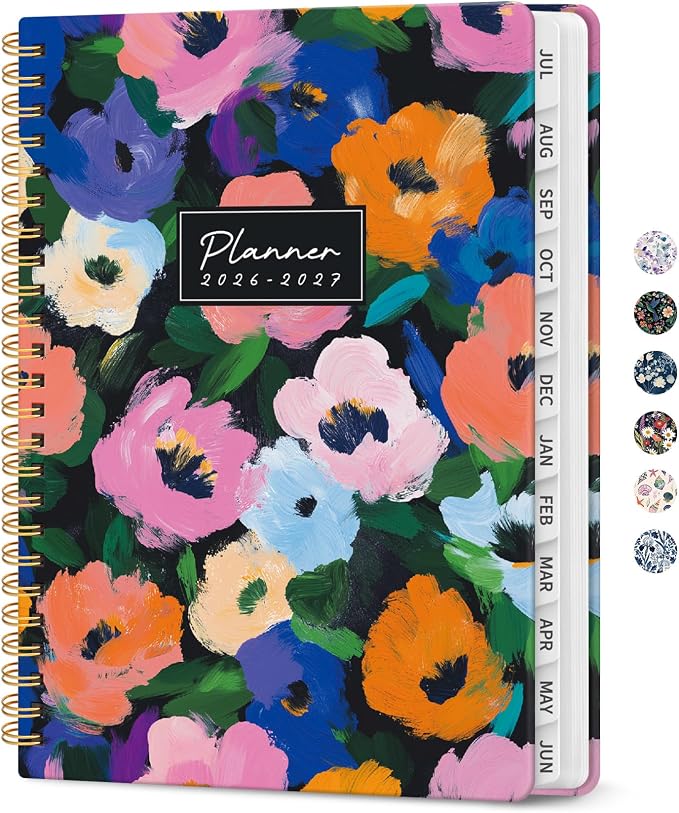 Planner 2026-2027, Academic Year Monthly and Weekly Calendar Planner, Jul 2026 - Jun 2027, Hardcover Teacher Student Planning Agenda book with Tabs, Perfect for School Office Supplies, 6.3" x 8.5" - Vivid Garden