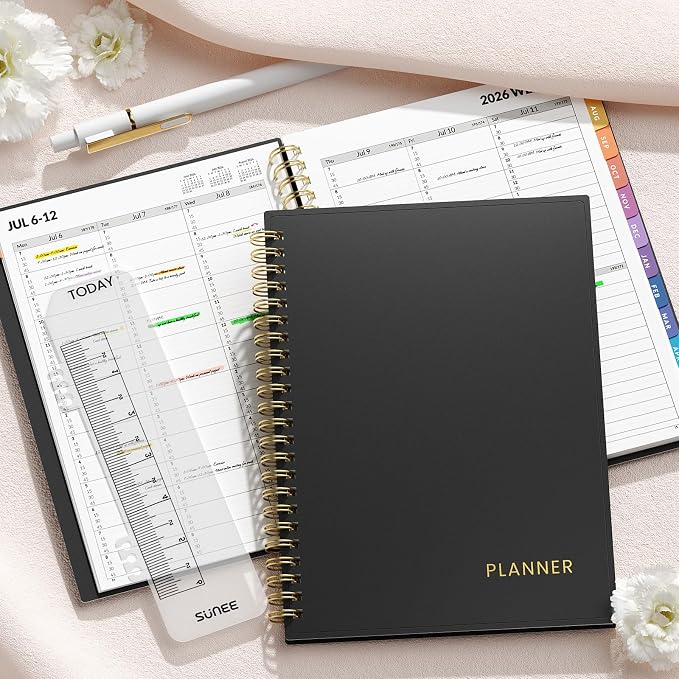 SUNEE 2026-2027 Appointment Book, Quarter-Hourly, Weekly & Monthly - from July 2026 to June 2027, 6.4"x8.3" Academic Planner, Flexible Cover, Note Pages, Bookmark, Spiral Binding, Black
