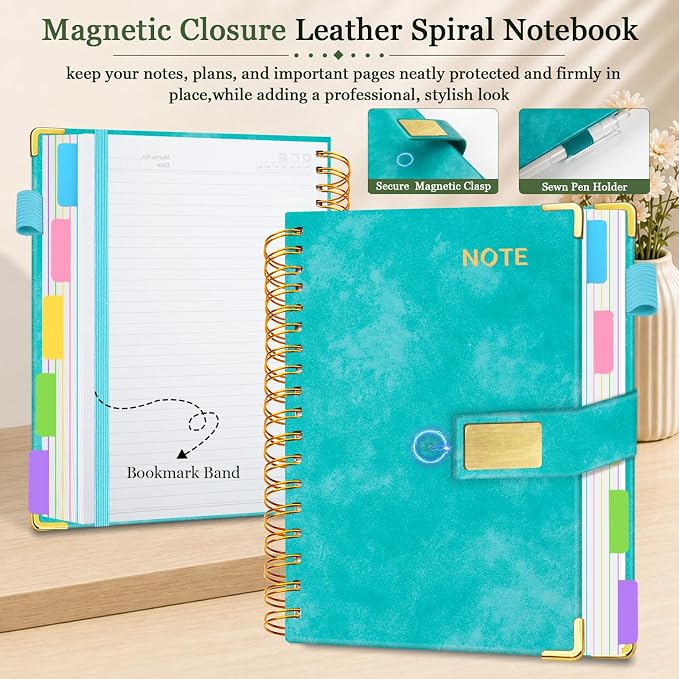 Hardcover Spiral Notebook 8''x 10'' College Ruled Notebook with Magnetic Closure, 300 Pages 5 Subject Notebooks with Pocket Dividers for Work School, B5 Leather Journal for Women, Men (Cyan)