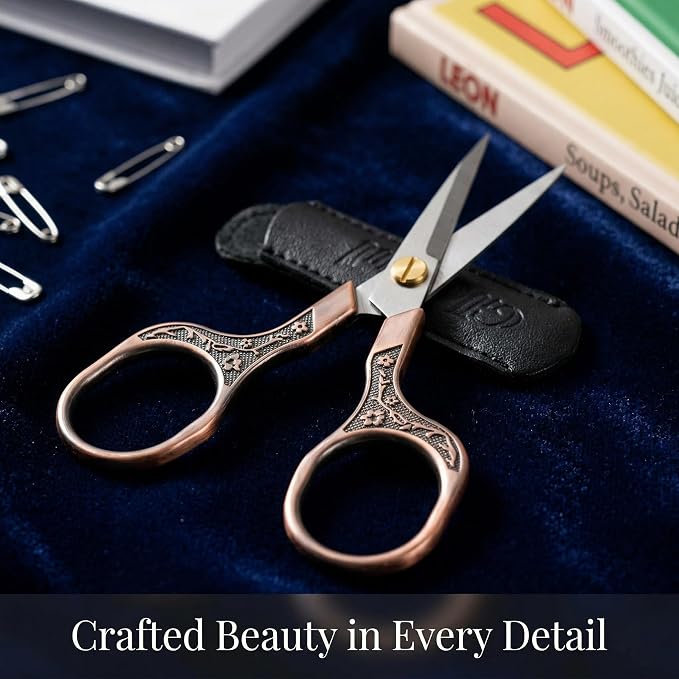 Crochet Scissors and Cross Stitch Scissors with Cover, 5 Inch Sharp Small Scissors for Crafting & Embroidery, Vintage Stainless Steel Needlework Snips for Lace Wigs, Decorative Metal Crafting Tool