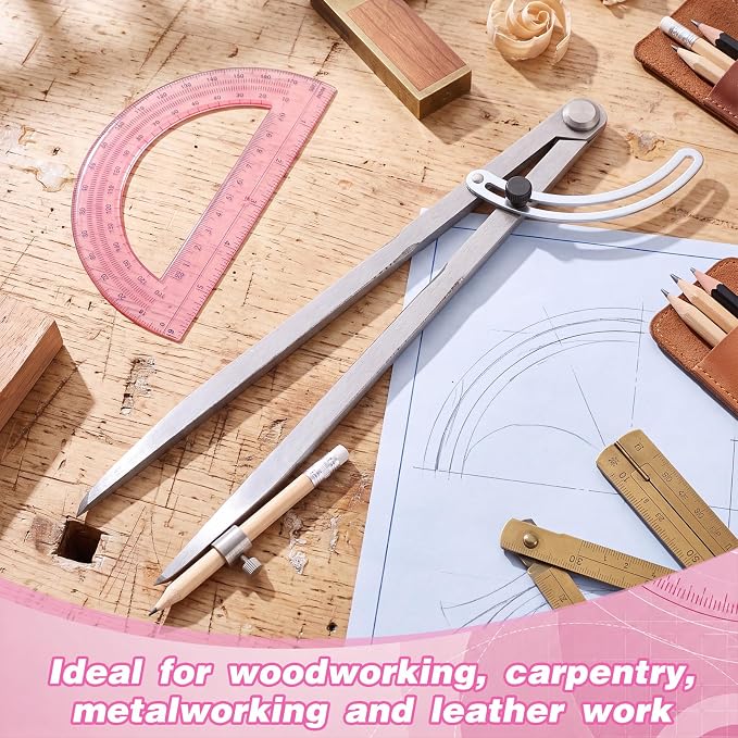 Zonon Professional 12 Inch Large Compass with Wing for Woodworking and 6 Inch Protractor Set, Pencil Compass for Geometry Math Carpenter, Drafting, Drawing Tool (Pink)
