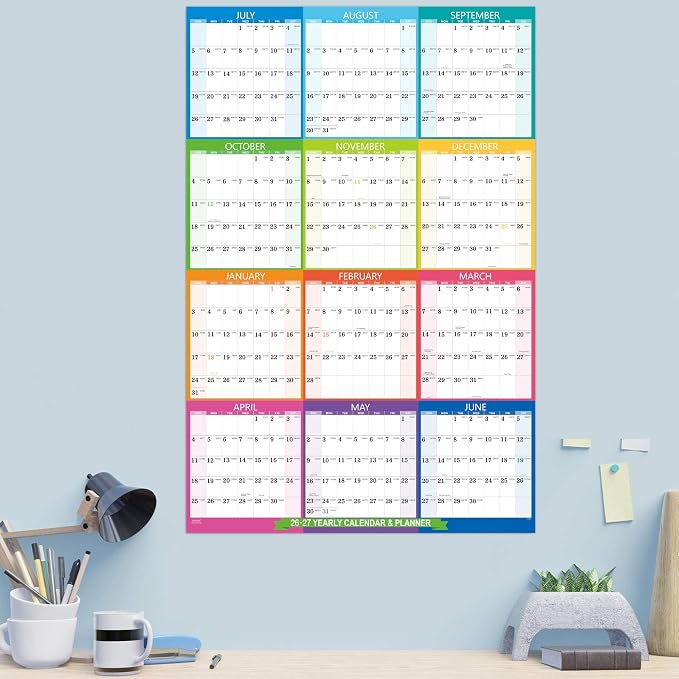 2026-2027 Yearly Wall Calendar - Calendar 2026-2027, July 2026 - June 2027 | Large Wall Calendar 26-27, 34.8" x 22.8"(Open), Full Year Calendar Large, One Page Vertical with Round Stickers - Colorful