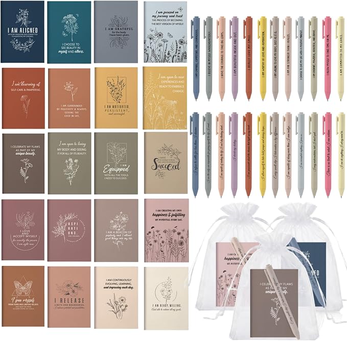 Mooliwe 24 Pcs Positive Affirmation Gift Set Gratitude Notebooks with Pens Small Bags Motivational Encouragement Notepads Daily Affirmations Journal for Women Stress Relief Self Care (Soft)