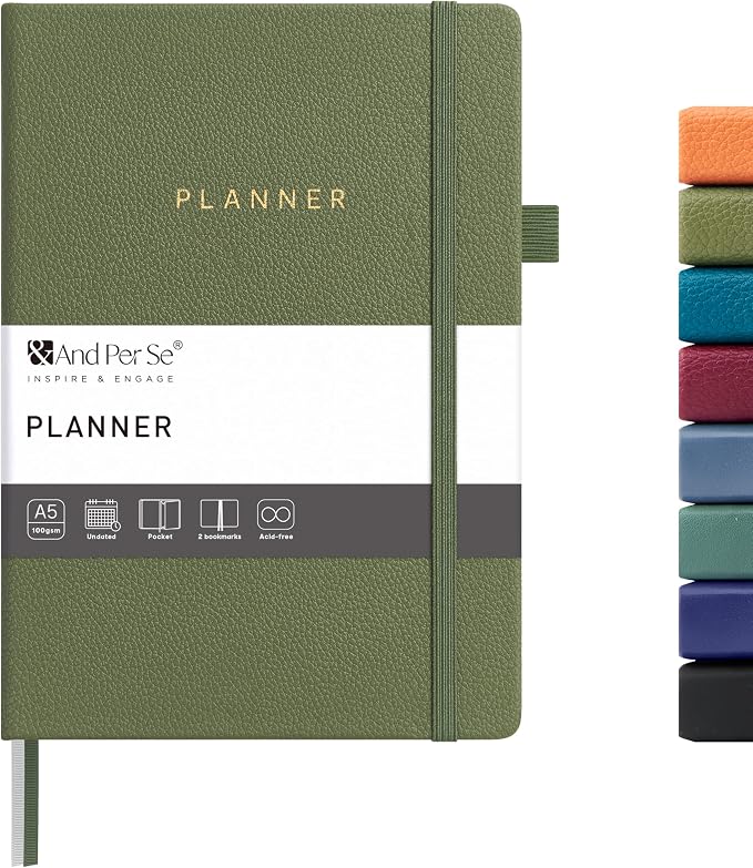 And Per Se Undated Academic Planner, Weekly & Monthly Planner with Goal & Habit Tracker, A5 Hardcover, Olive Green
