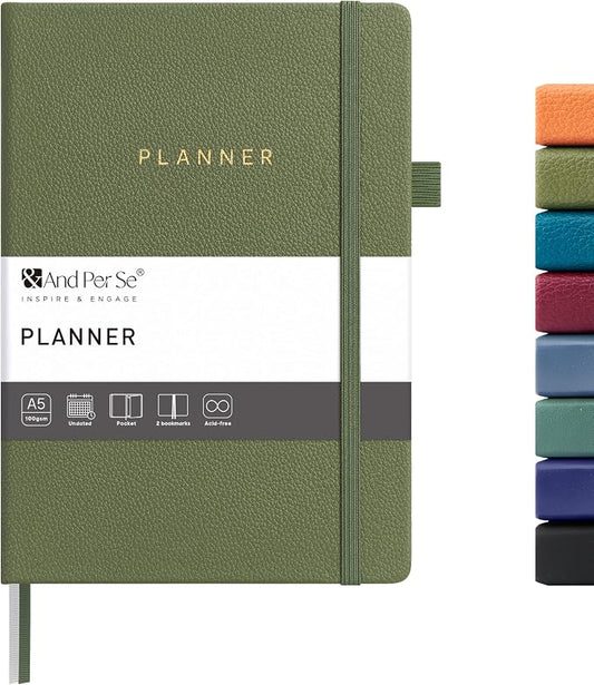And Per Se Undated Academic Planner, Weekly & Monthly Planner with Goal & Habit Tracker, A5 Hardcover, Olive Green