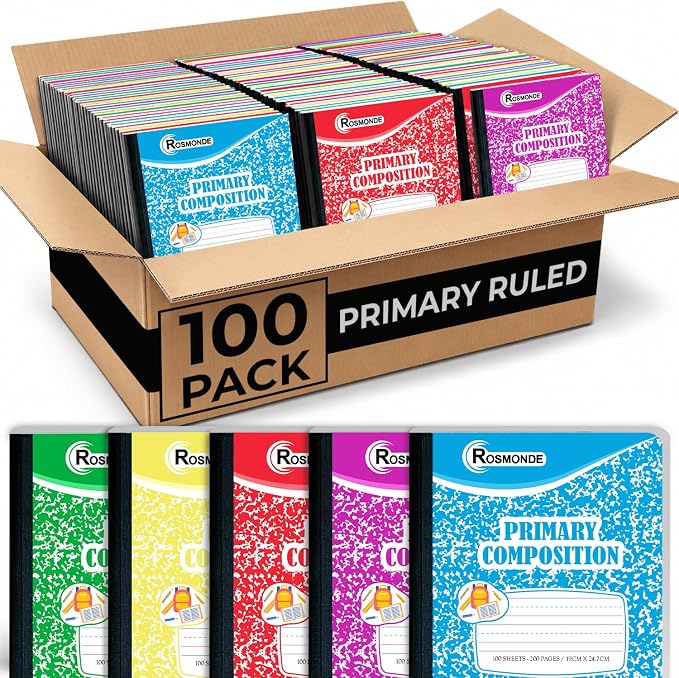 Rosmonde Composition Notebook Bulk, 100 Pack, Colors Marbles, Grades K-2 | Primary Ruled Composition Notebooks, Draw and Write Journals, 200 Pages (100 Sheets), 9-3/4 x 7-1/2, Bulk School Supplies
