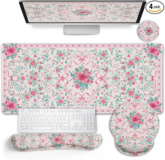 LIMKRIAN Pink Floral Desk Mat, Ergonomic Mouse Pad Set with Wrist Rest | Non-Slip PU Base, Stitched Edges, Keyboard Wrist Rest Ease Pain, Ideal For Office/Gaming, Cute Home Office Decor for Women