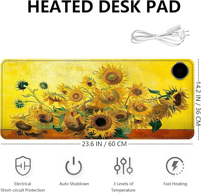 Heated Mouse Pad with 3 Levels Heated & 3 Hours Auto Shut-Off Mouse Pad for Warming Hands in Office Home, 23.6" x 14.2"Large Safe Desk Mat Hand Warmer，Sunflowers