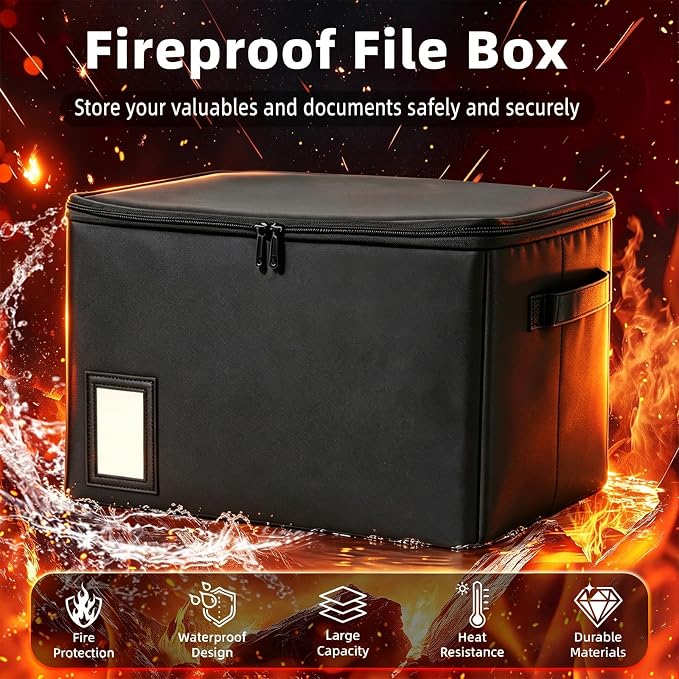 Fireproof File Box with PVC Slides for Hanging Folders, Collapsible Document Organizer Box for Home Office, Fireproof Filing Cabinet Storage Case, Tax Certificate File Organizer Fits Letter A4