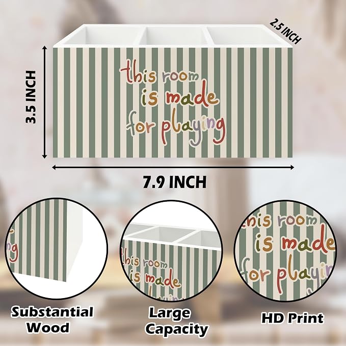 Kids Playroom Pen Pencil Holder Organizer for Desk, This Room Is Made for Playing Sage Green Striped Wooden Box Signs Decorations for Kids Nursery Room Bedroom Playroom Desk Tabletop