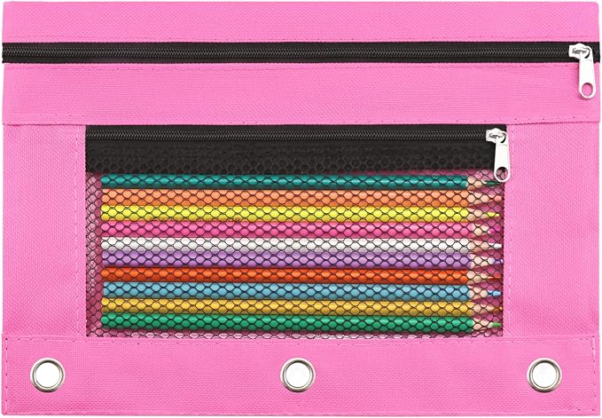 Pencil Pouch for 3 Ring Binder, Pencil Case Bag with Zipper, 600D Fabric Pencil Pouch Holder Accessories, Clear Window Pencil Case Aesthetic Back to School Organizer Pockets for Boy Girl (Pink)