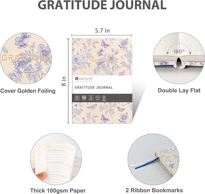 And Per Se Gratitude Journal for Women – 5 Minute Daily Practice with Prompts & Quotes – Undated Mindfulness & Happiness Notebook (Blue Flowers)