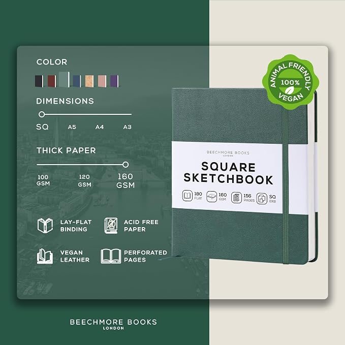 Beechmore Books Square Mixed Media Sketchbook - 8"x8" Professional Art Journal, 160 GSM / 98 lb Ivory Paper, Perforated Pages, Vegan Leather Hardcover, Lay-Flat Design for Drawing & Doodling