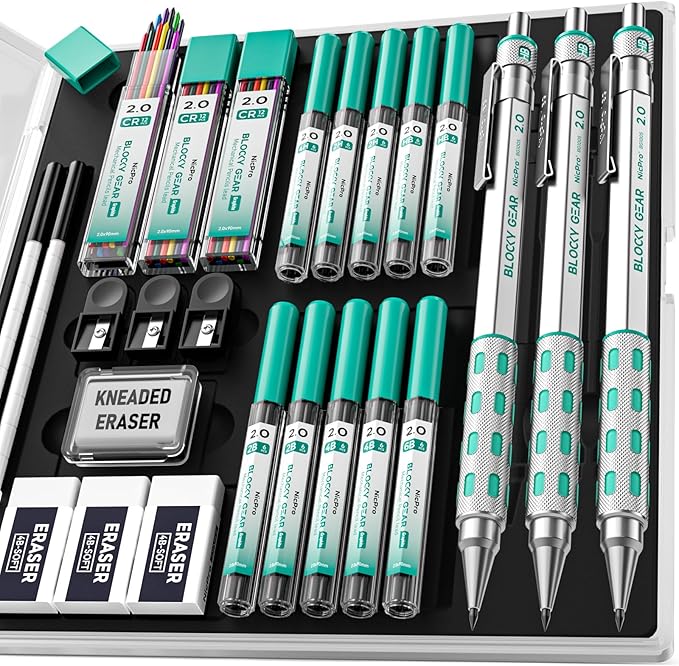 Nicpro 3 Pack Blocky Gear 2.0 mm Metal Mechanical Pencils Set with Case | Drafting Pencil with 13 Tubes 2mm Lead Refills (HB 2B 2H 4B 4H 6B & Colors), Erasers for Carpenter Writing Drawing
