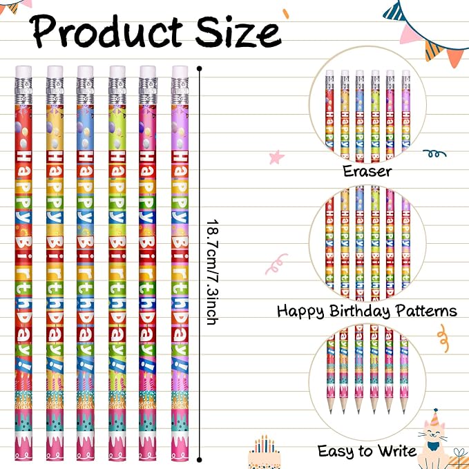 48 Pcs Happy Birthday Pencils Colorful Birthday Pencil for Students Teacher Wooden Pencils with Erasers Birthday Party Supplies, 6 Style(48)