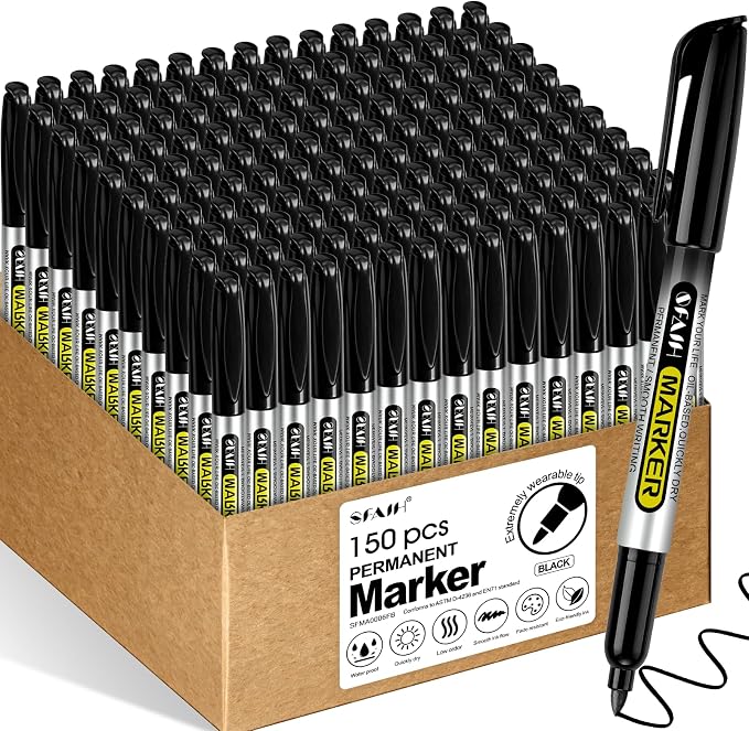SFAIH 150 Black Permanent Markers Bulk -1s Quick Drying, Fine Point Markers for Write Mark, School, Office, Warehouse, Business, Logistics, Durable, Waterproof Ink on Paper, Plastic, Metal, Cardboard