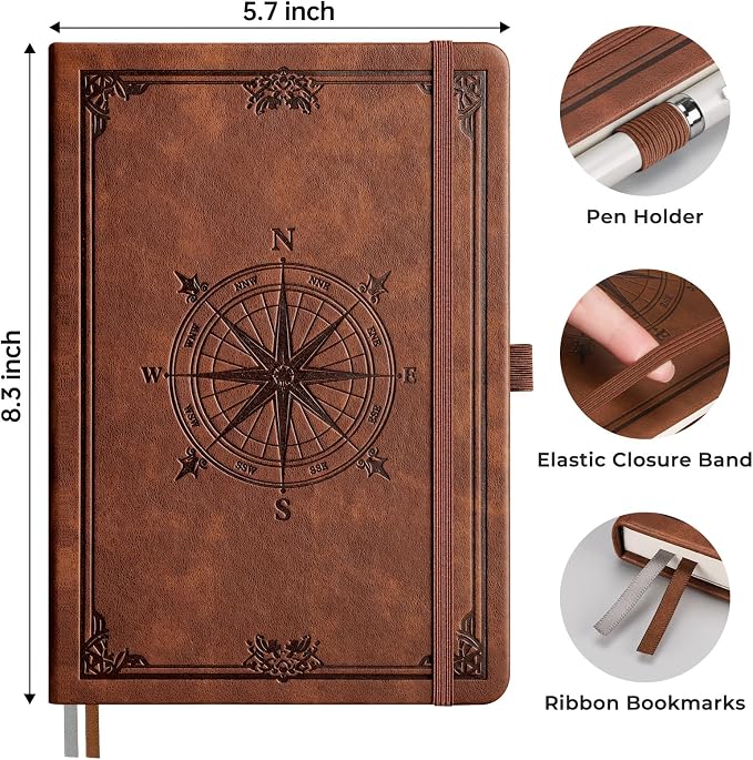 AHGXG Lined Journal Notebook, 192 Numbered Pages, A5 Size (5.7'' x 8.3'') | for Men & Women, Journaling, Writing, Work & Office, Leather Hardcover, 100 GSM Thick Paper (Brown)