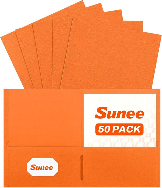 SUNEE Two Pocket Folders, 50 Pack File Folders with Business Card Slot, Textured Paper, Fit Letter Size Paper, Paper File Folder for School Office Home Business, Orange