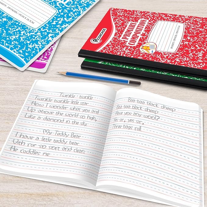 Rosmonde Bulk Primary Ruled Composition Notebooks, 100 Pack, 100 Sheets | Bulk Writing Journals, 200 Pages (100 Sheets), 9-3/4" x 7-1/2", Grades K-2, Hardcover, Bulk Primary Ruled Assorted Marble
