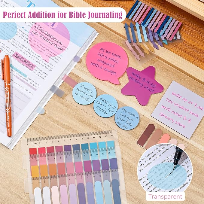 BAYTORY 1700 Sheets Transparent Sticky Notes, See Through Sticky Tabs | Book Annotation Kit for Bible Study, 4Pcs Double Marker Pens, Transparent Index Tabs for Annotation Kit (Pink Blue)