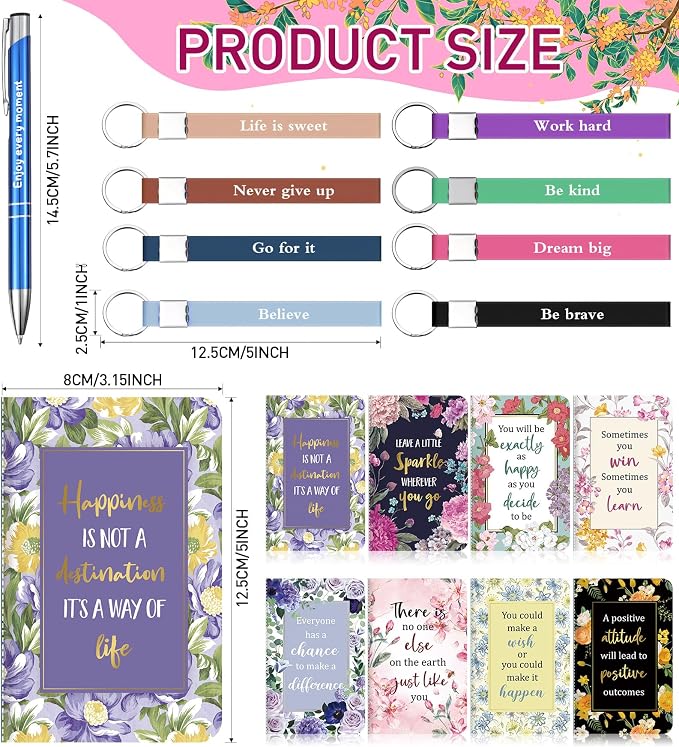 PerKoop 48 Pcs Inspirational Gifts Bulk Motivational Notepads Ballpoint Pens Keychains Set Floral Flower Journal Notebooks Christian Gifts for Teachers Office Party Favor Supplies