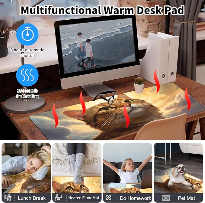 Warm Desk Pad,Heated Desk Pad,Office Mat,3 Heating Levels & 3 Hours Auto Shut-Off,31.5"*13" Gaming Mouse Laptop Keyboard Leather Desk Mat,Orange Cat Sky