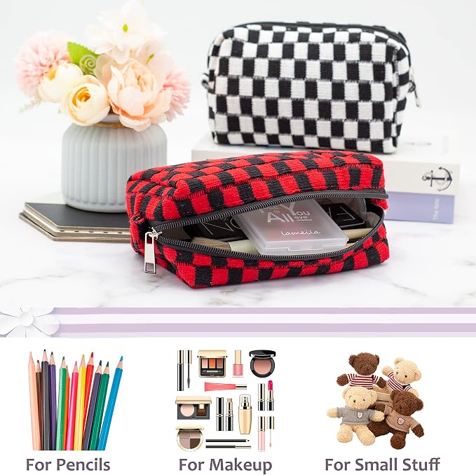 Checkered Makeup Bag for Purse, Small Travel Cosmetic Pouch,Red Black | Cute Zipper Makeup Organizer for Women, Travel Essentials, Toiletries, Makeup Brushes, Beauty Accessories&Bridesmaid Gifts