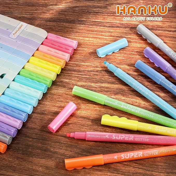 HANKU Glitter Highlighter Markers, 16-Count, Chisel Tip Glitter Highlighters Assorted Colors, Sparkly Markers for Adult Coloring Journaling Art Supplies