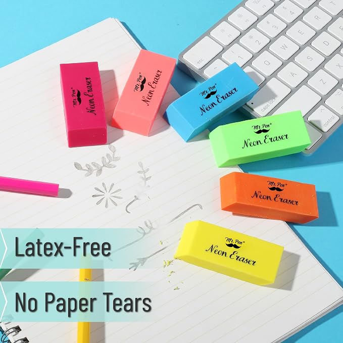 Mr. Pen- Pencil Eraser, 24 Pack, Neon Colors | Large Latex Free Block Erasers Bulk for School, Office, Art Sketching, Homework, Exams, Clean Smudge-Free Correction