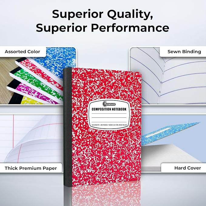 Rosmonde 100 Pack Bulk Composition Notebooks, Wide Ruled, 200 Pages (100 Sheets), 9-3/4 x 7-1/2, Hard Cover, Bulk School Supplies, Assorted Colors Marble Composition Journal, Bulk Notebooks for School
