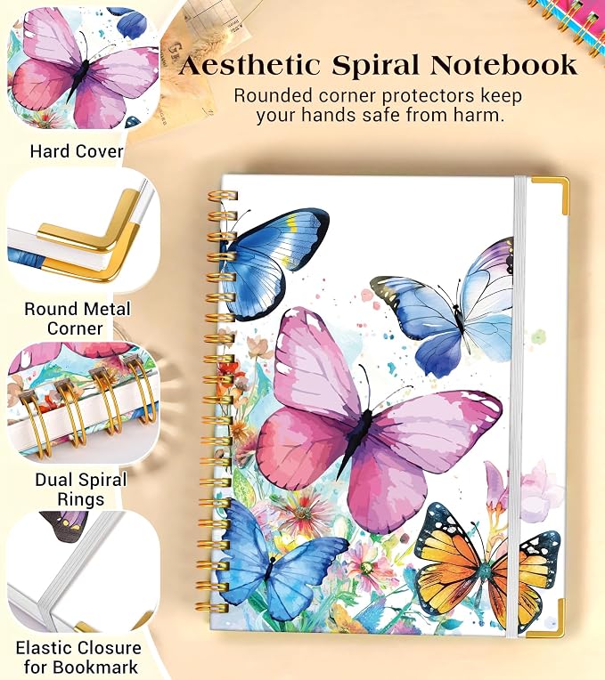Lined Spiral Notebook Journal for Women, 150 Pages Cute Notebooks 5.75” x 8.38”, A5 Hardcover Spiral Journals with 100 GSM Thick Paper, College Ruled Notebook for Writing Work School, Butterflies in the Blooms