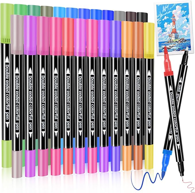 Dual Markers Brush Pens, Art Brush Coloring Markers for Adult Coloring Books, 24Colors Pens for Teens, Double Tip Colored Pen for Journaling Note taking Planner Lettering Calligraphy Drawing