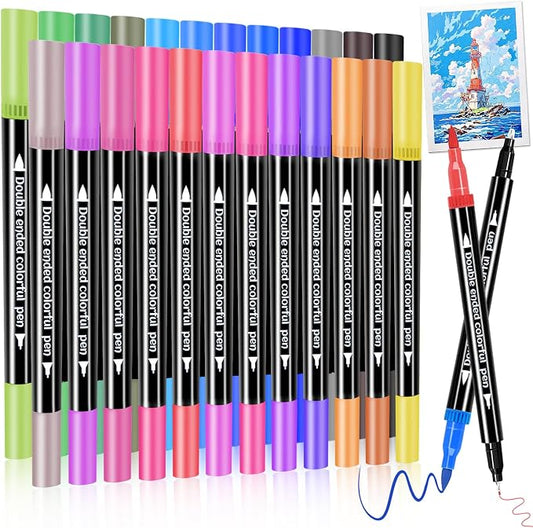 Dual Markers Brush Pens, Art Brush Coloring Markers for Adult Coloring Books, 24Colors Pens for Teens, Double Tip Colored Pen for Journaling Note taking Planner Lettering Calligraphy Drawing