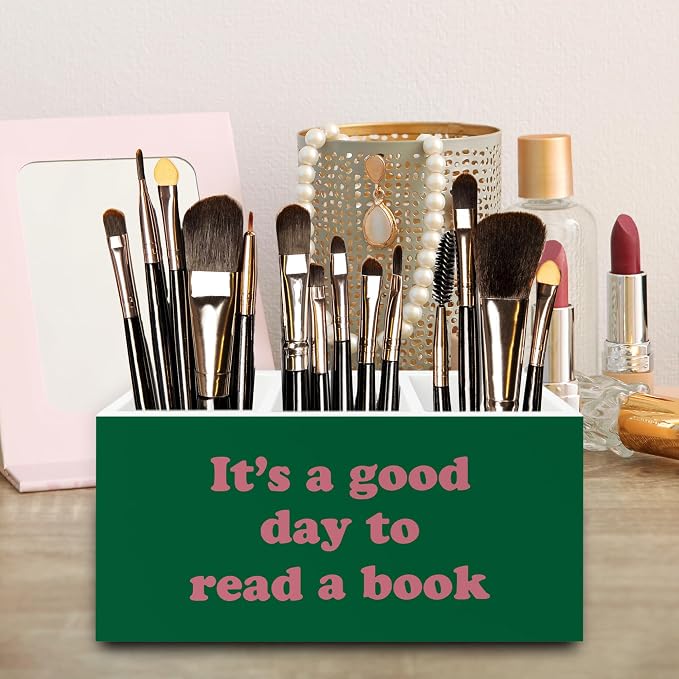 Book Lover Gifts Pen Pencil Holder Organizer for Desk, It's Good Day to Read a Book Bookish Pink and Green Wooden Box Signs Decorations for Reading Room Desk Tabletop, Reader Bookworm Gifts