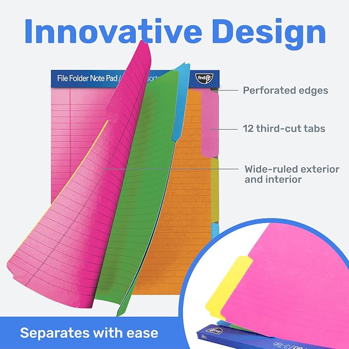 Find It File Folder Notepad - Pack of 12-9.5 x 12.5 Inch Notebook Organizer Folders for Filing, Document, and Clipboard Organization - Assorted Neon Colors | Wide-ruled clipboard-style pages, tear-out perforated sheets, great for office, home, and scho...