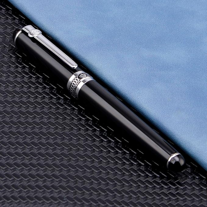 Lanxivi Duke D2 Fountain Pen Black Silver Trim Fine Nib with Additional Fude Nib (Bent Nib) and Converter Calligraphy Art Pen Set