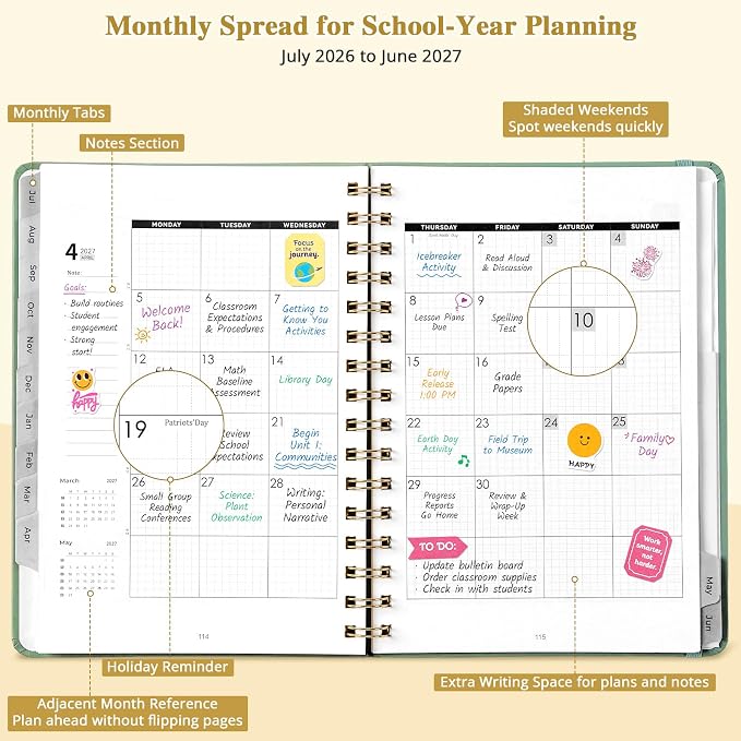 JoyCat Academic Planner 2026-2027, A5 Weekly & Monthly, Green | July 2026-June 2027 A5 planner combines weekly and monthly layouts, tabs, grid notes and sticker sheets.