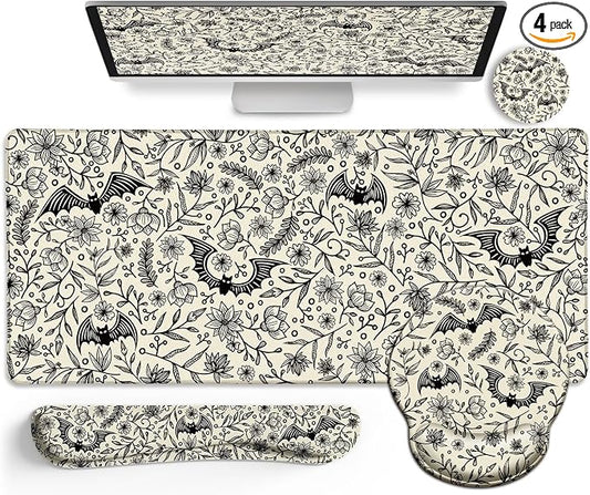 LIMKRIAN Goth Bat Ergonomic Mouse Pad Set, Large Desk Mat for Desktop | Comfort Wrist Rest for Computer Keyboard Mat Wrist Support, Coaster, Gothic Gaming Office Desk Accessories Decor Supplies