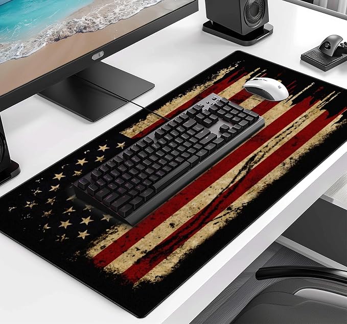 Retro American Flag XL Gaming Mouse Pad with Stitching Edge Laptop Desk Mat | Large Extended Mouse Pad; Full Desk Coverage; Waterproof Coating; Stable Anti-Slide Base For Gaming, Office, Study Daily Use