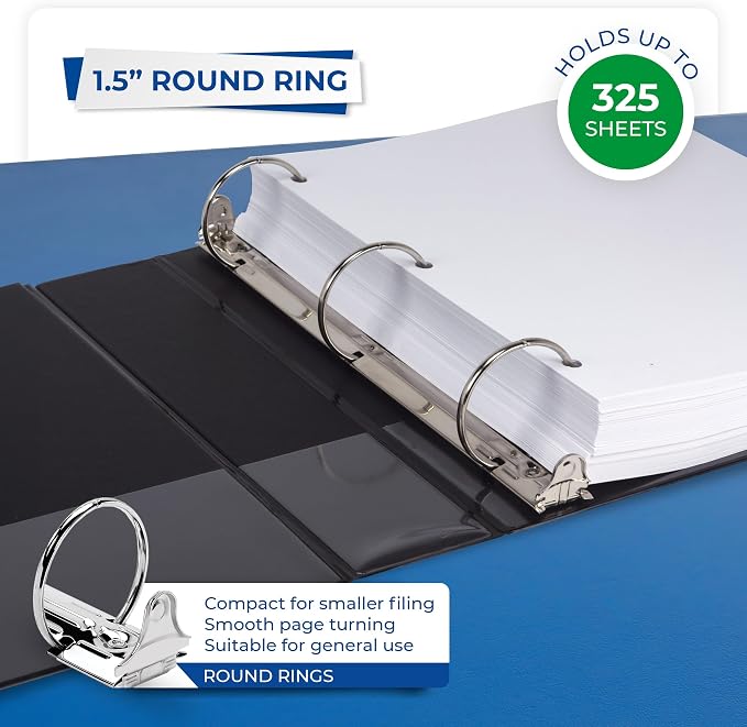 Samsill 1.5 Inch 3 Ring Binders, Economy Round Ring, Clear View Cover, 325 Sheet Capacity - for School, Home, Office - Black, 6 Pack